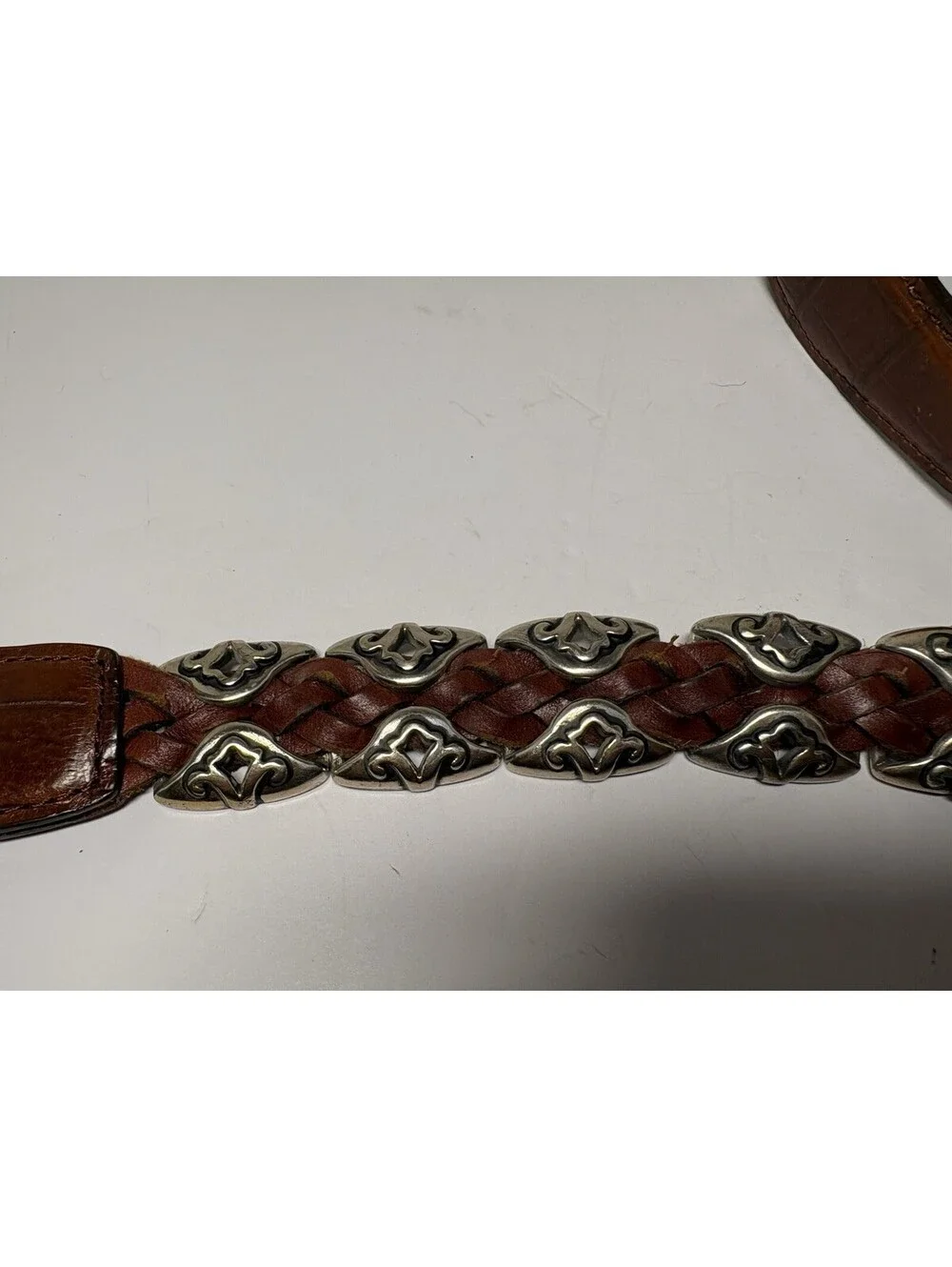 BRIGHTON Brown Leather Braided Belt 91807 Silver Tone Buckle & Conchos Size Med